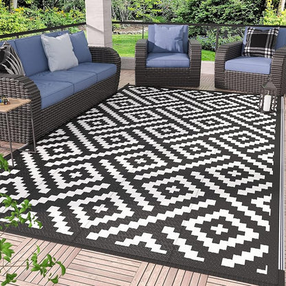 GENIMO Outdoor Rug for Patio Clearance,9'x12' Waterproof Large Mat,Reversible Plastic Camping Rugs,Rv,Porch,Deck,Camper,Balcony,Backyard,Black & White