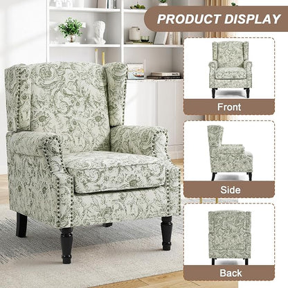 Pia Ricco High Back Floral Accent Chair - Retro Wingback Upholstered Armchair with Nailhead Trim, Solid Wood Legs, Fabric Living Room Bedroom Reading Chair (Plants Green)