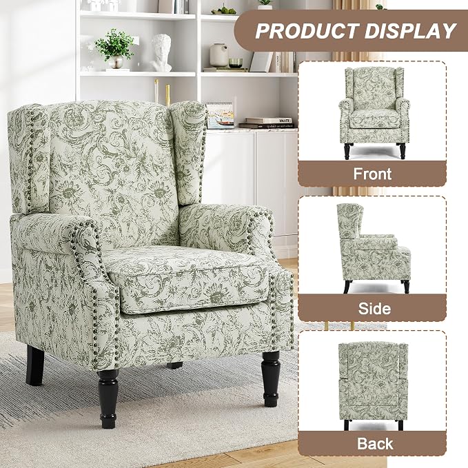 Pia Ricco Set of 2 Floral Accent Chairs, High Back Upholstered Armchairs with Retro Wingback Design, Nailhead Trim & Solid Wood Legs for Living Room Bedroom(Plants Green)