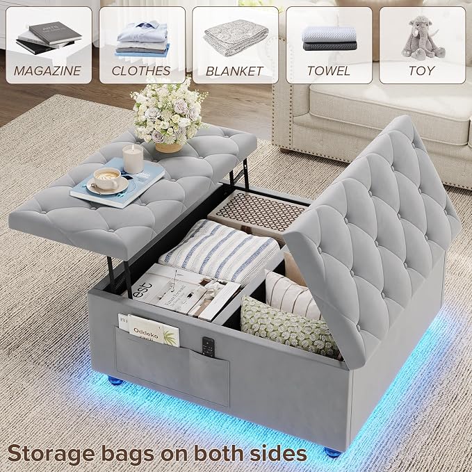 Dnxao Large Square Storage Ottoman with Lift Top,Tufted Velvet Ottoman Coffee Table with Charging Station and LED Lights,Multi-Functional Footrest with Storage Pockets & Tray for Living Room,Gray