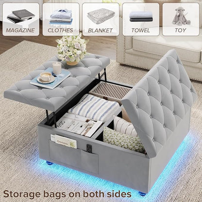 Dnxao Large Square Storage Ottoman with Lift Top,Tufted Velvet Ottoman Coffee Table with Charging Station and LED Lights,Multi-Functional Footrest with Storage Pockets & Tray for Living Room,Gray