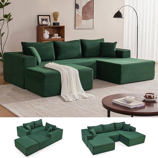 Mangodan 110” Cloud Sectional Couch, Boneless Sofa for Living Room, Modular Sectional Sofa with Deep Seat, Comfy Fluffy U-Shaped Couch with Right-Facing Chaise, No Assembly Required, Green