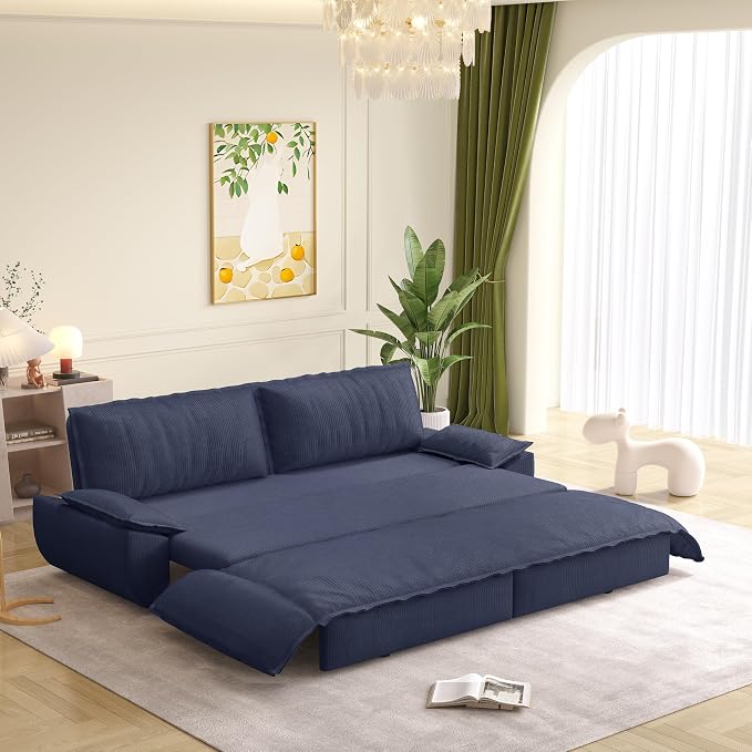73.2" Sleeper Sofa Bed Queen Size, 3-in-1 Convertible Couch, Modern Pull Out Couches, Comfy Corduroy Futon Sofa, Cloud Loveseat Lounge, Pillow Arm, for Living Room, Apartment, Dark Blue