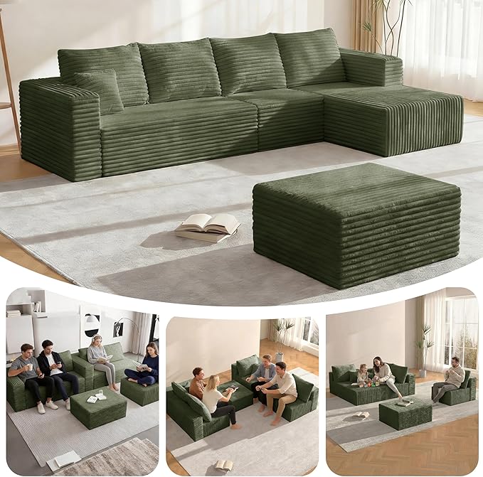 Boneless Couches Sectional Sofa, Compressed Sofa in a Box, U-Shaped Cloud Couch with Deep Seats & Chaise for Living Room, No Assembly Required (Green, 118" U-Shape with Right Facing Chiase)