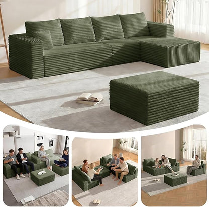 Boneless Couches Sectional Sofa, Compressed Sofa in a Box, U-Shaped Cloud Couch with Deep Seats & Chaise for Living Room, No Assembly Required (Green, 118" U-Shape with Right Facing Chiase)