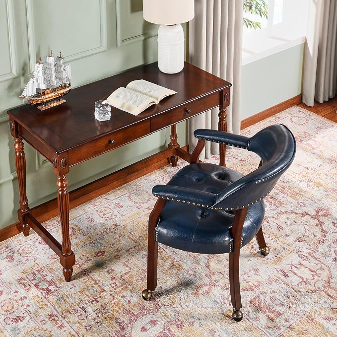 LEEMTORIG Large Dining Chairs with Casters and Arms, Rolling Dining Chairs with Wheels, Solid Wood Boss Caption's Chairs Office Desk Chairs, 26"D x 25.2"W x 31.5"H, Cherry Legs & Blue PU SY-1533-LB