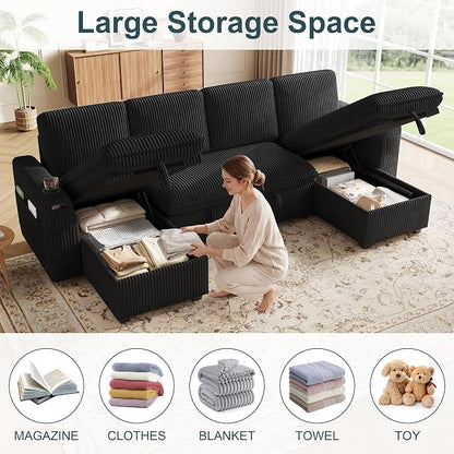 Sectional Sleeper Sofa with Pull Out Bed, Plush Corduroy Sectional Sofa with Double Storage Chaise and Adjustable Backrest, Cloud Sectional Couches for Living Room, Apartment, Black