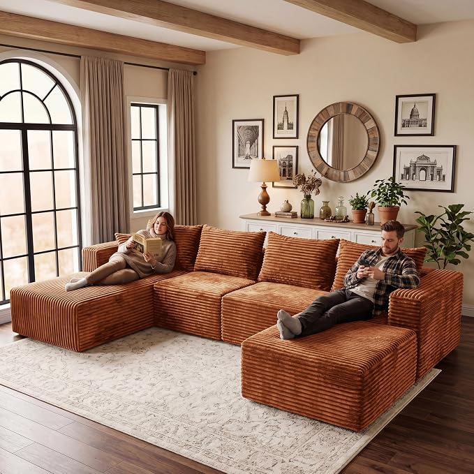 118" Sectional Sofa, Boneless Compressed Sofa in a Box, U-Shaped Cloud Couch with Deep Seats & Chaise for Living Room, No Assembly Required (Orange, 118" U-Shape with Left Facing Chiase)