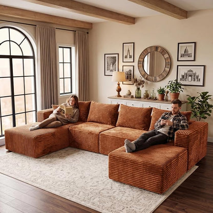 118" Sectional Sofa, Boneless Compressed Sofa in a Box, U-Shaped Cloud Couch with Deep Seats & Chaise for Living Room, No Assembly Required (Orange, 118" U-Shape with Left Facing Chiase)