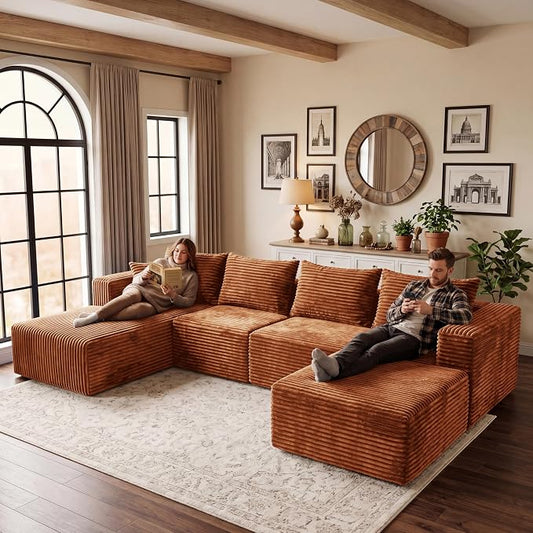 118" Sectional Sofa, Boneless Compressed Sofa in a Box, U-Shaped Cloud Couch with Deep Seats & Chaise for Living Room, No Assembly Required (Orange, 118" U-Shape with Left Facing Chiase)
