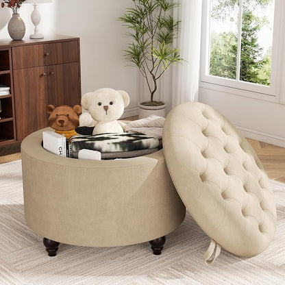 24 Inch Round Storage Ottoman,Modern Tufted Ottomans,Circular Coffee Table with Removable Top,Upholstered Large Ottoman with Storage Footrest Stool for Bedroom Living Room (Lightbrowm)