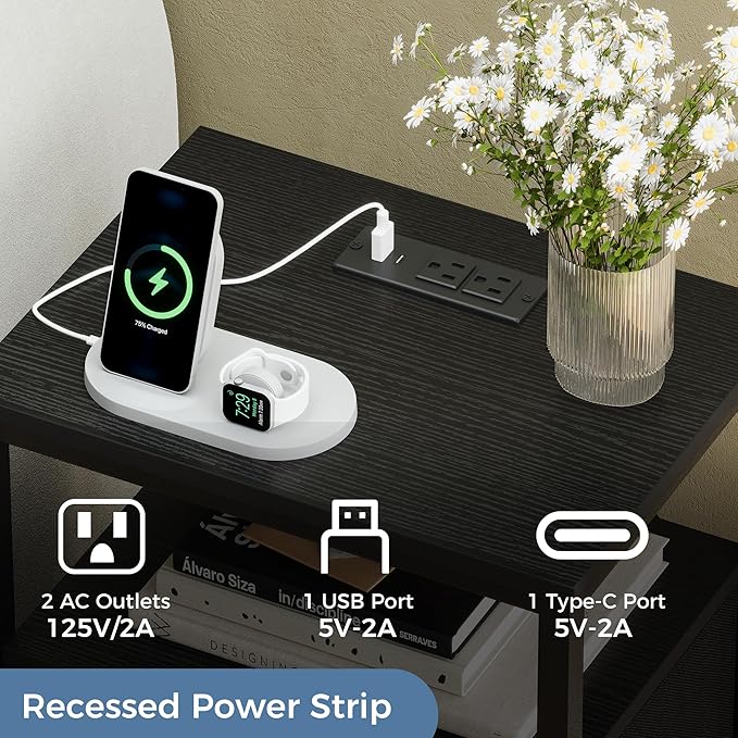 DUMOS Nightstand with Charging Station Built in USB Ports and AC Outlets Bedside Table with Adjustable Fabric Drawer and Open Shelf Modern End Table for Bedroom,Black and Brown