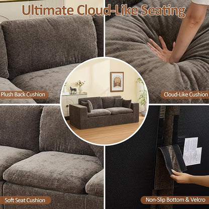 83''Cloud Boneless Modular Sectional Sofa, Deep Seat Sectional Couch, Upholstered Convertible Comfy Memory Foam Sofa Loveseat Chenille Memory Foam Couches for Living Room, Brown