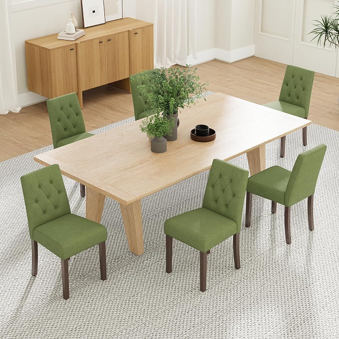 Upholstered Dining Chairs Set of 6 - Modern Parsons Kitchen & Dining Room Chair with Diamond Tufted Back, Solid Wooden Legs for Apartment, Café, Vanity