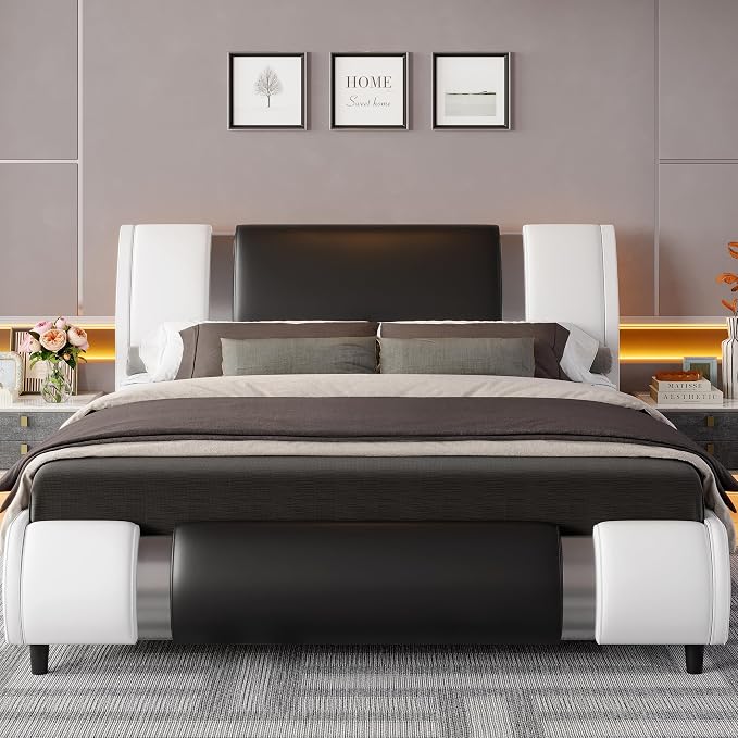 Keyluv Modern Queen Size Bed Frame with Mirror Metal Decoration, Faux Leather Upholstered Platform Bed with Curved Headboard, Wooden Slats Support, No Box Spring Needed, WhiteBlack