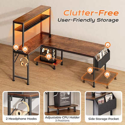 PRAISUN L Shaped Gaming Desk with LED Lights & Power Outlets, Reversible Computer Desk with Storage Shelves & Bag, Large Corner Home Office Desk with Pegboard for Work from Home, Rustic Brown