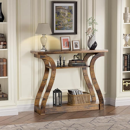 Wooden Console Table with Curved Legs and Shelf, 3-Tier Modern Accent Narrow Sofa Table for Entrance Area, Living Room, Hallway, 47 in Wide Wood Console Table for Entryway (Rustic Brown)