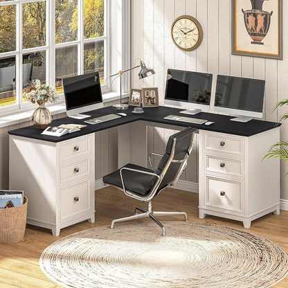 Vabches Farmhouse L Shaped Executive Desk with 6 Drawers, 59’’ Wood Home Office Desk with File Cabinet, Writing Corner Computer Desk for Home Office, Work, Study, White and Black