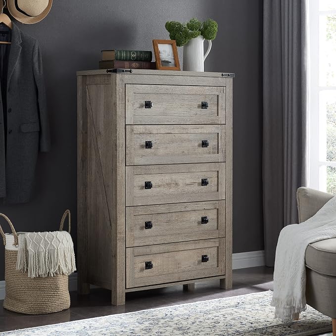 T4TREAM 48" Tall Farmhouse 5-Drawer Dresser for Bedroom, Light Rustic Oak | Rustic chests of drawers, Wood Storage Cabinet, Metal Handle, Unique Corner Accent, Bedroom, Living Room, Hallway