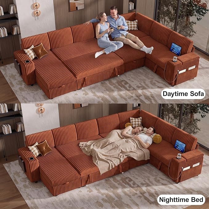 Vipbear 130" Modular Sectional Sleeper Sofa with Pull Out Bed, 9 Seat Corduroy L Shaped Couch with Ottoman and Chaise|USB Ports|Cup Holders|Side Table, Tool Free Assembly, Orange