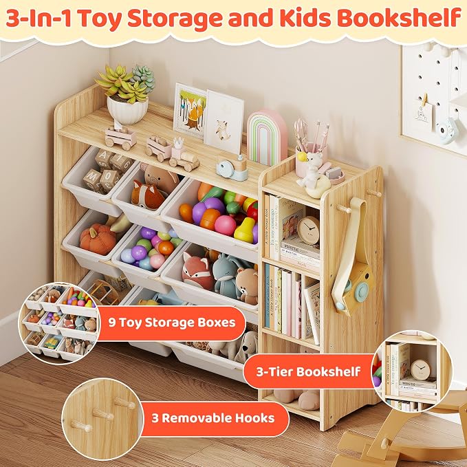 DOREROOM Toy Storage Organizer with Bookshelf, Kids Toy Storage and Organizers with 3 Shelves/9 Bins/3 Hooks, Bin Shelf, Toy Organization for Playroom, Nursery, Bedroom, Toddler Room | Wood & White