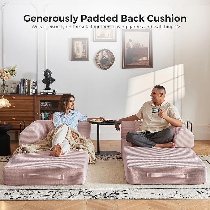 79" 5-in-1 Convertible Sofa Bed No Assembly, Boneless Couch Bed with High Density Foam, Foldable Sleeper Sofa, Corduroy Modular Couch for Apartment, Studio, Dorm Room, Small Space,Pink