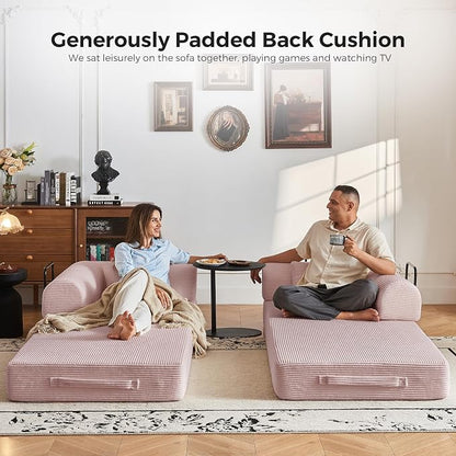 79" 5-in-1 Convertible Sofa Bed No Assembly, Boneless Couch Bed with High Density Foam, Foldable Sleeper Sofa, Corduroy Modular Couch for Apartment, Studio, Dorm Room, Small Space,Pink