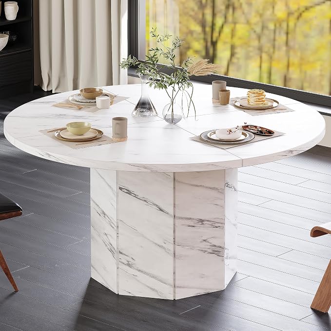 HSH Round Dining Table for 4-6, 47” White Faux Marble Dinner Table only, Modern Circle Kitchen Table for Home Living Room, Industrial Wood Dining Room Table with Octagon Base, White Marble
