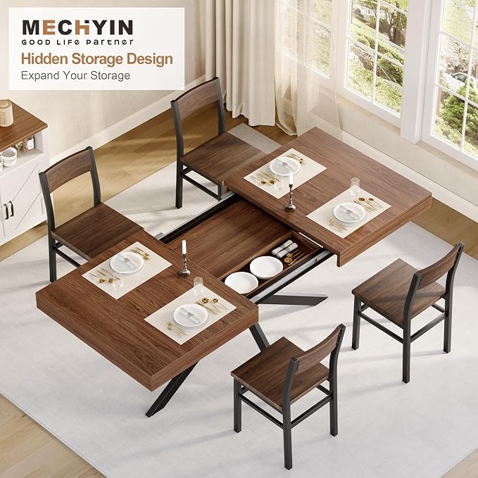 MECHYIN Extendable Dining Room Table for 4-6-8, 55''-70.9'' Wood Rectangle Expandable Dining Table with Hidden Storage, Space Saving Farmhouse Kitchen Table for Dining Room Kitchen Office,Walnut