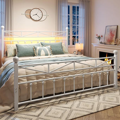 EnHomee Metal King Bed Frame,Tall Headboard & LED Light,Noise-Free,White | Heavy-duty supports 883lbs,12.7"Under-bed storage space for apartment & dorm,No box spring needed,Easy assembly
