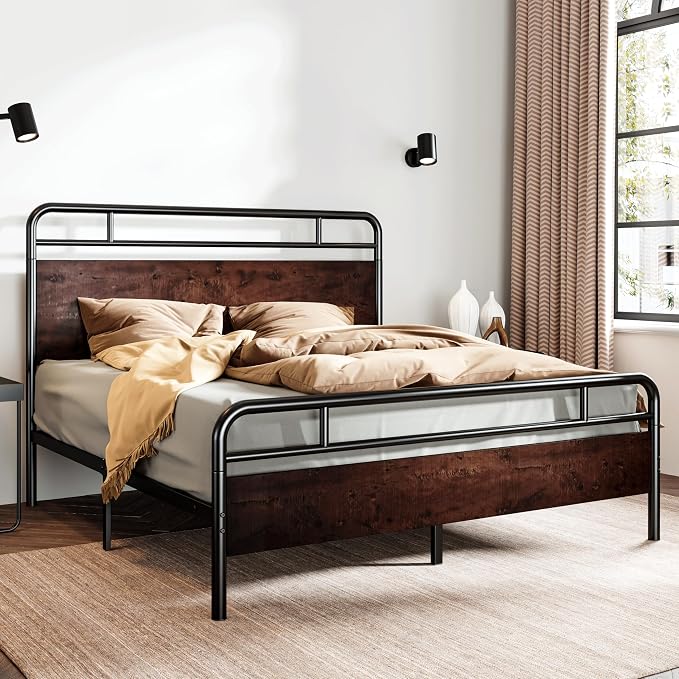 SHA CERLIN Full Size Bed Frame with Wooden Headboard and Footboard, Rounded Corner Metal Structure, Heavy Duty Slats with Under-Bed Storage, No Box Spring Needed, Mahogany