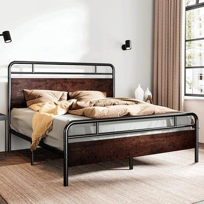 SHA CERLIN Full Size Bed Frame with Wooden Headboard and Footboard, Rounded Corner Metal Structure, Heavy Duty Slats with Under-Bed Storage, No Box Spring Needed, Mahogany