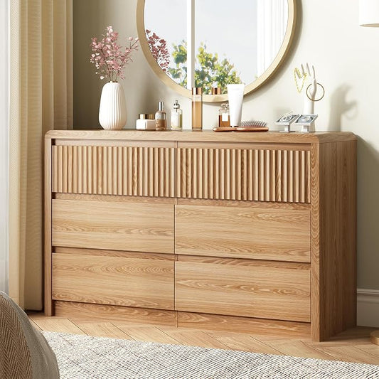 LYNSOM 6 Drawer Dresser for Bedroom, 50" Wide Fluted Dresser with Curved Corners, Wood Dressers & Chests of Drawers with Dual-Panel Design for Bedroom, Entryway, Oak