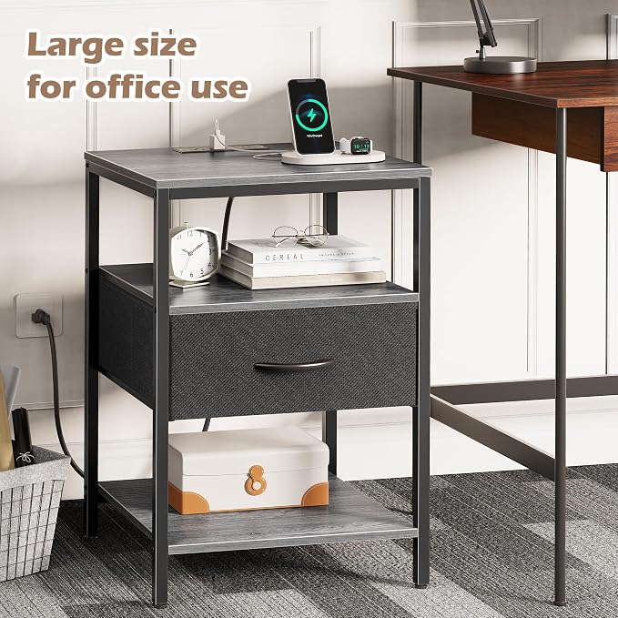 SUPERJARE Night Stand with Charger Station, 27.7 Inch Tall Nightstand with Adjustable Fabric Drawer, Bed Side Table, Fabric Drawer Dresser for Bedroom, Living Room, Charcoal Gray and Black