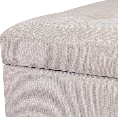 Adeco 18 Inch High Cube Ottoman Storage, Linen Chair Foot Stools, Upholstered Vanity Stool with Hinged Lid, Solid Wood Legs (Beige Grey)