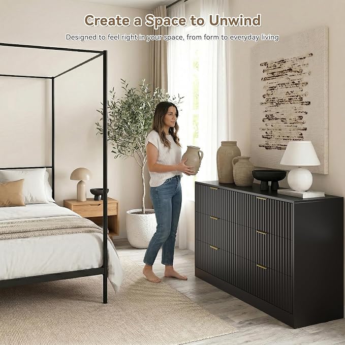 Black 6 Drawer Dresser for Bedroom, 55" Wide Fluted Chest of Drawers with Gold Metal Handles, Wood Dresser Storage Organizer Mid Century TV Stand for Living Room Closet Hallway
