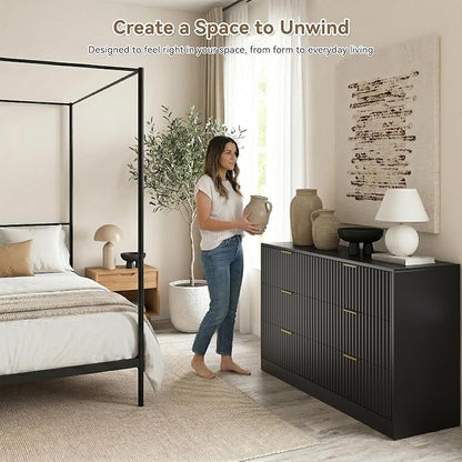Black 6 Drawer Dresser for Bedroom, 55" Wide Fluted Chest of Drawers with Gold Metal Handles, Wood Dresser Storage Organizer Mid Century TV Stand for Living Room Closet Hallway