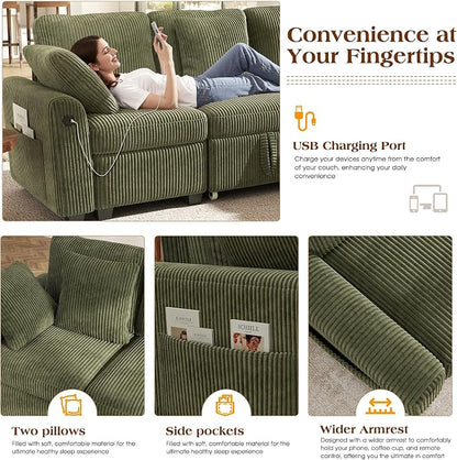 Ihanherry 81-inch Corduroy Modular Sectional Sofa Bed with Storage Ottoman & USB Port, Reversible 3-Seater L-Shaped Sleeper Sofa, Left or Right Fasing Chaise for Living Room（Green）