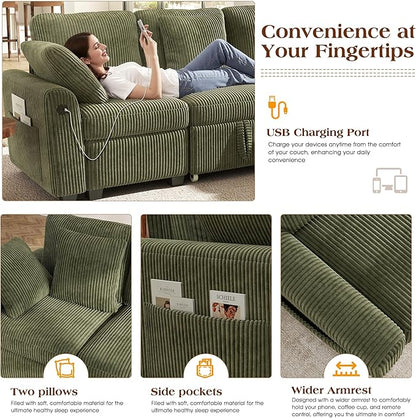 Ihanherry 6-Seater Large Sectional Sofa Bed with Storage Ottoman, Corduroy Reversible Modular Sleeper Sofa Couch with USB Port, 104" L-Shaped Convertible Couch for Living Room（Green）