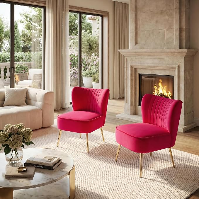 DUOMAY Modern Accent Chair Set of 2 Velvet Slipper Chair with Gold Legs Wingback Side Chair for Living Room Bedroom Entryway Small Corner Chair for Space Saving, Rose Red