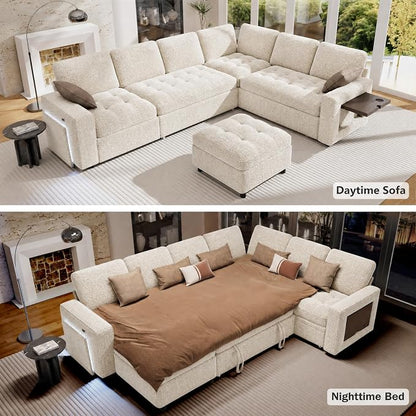 Vipbear 7 Seat L Shaped Modular Sectional Sleeper Sofa Bed with Ottoman/Pull Out Bed/Reclining Backrest/USB Ports/Table/LED Light/Storage Seat, Tool-Free Assembly, Chenille Beige