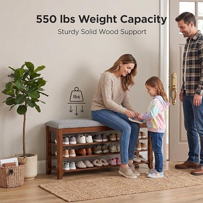 Solid Wood Shoe Bench, 47.2'' Shoe Rack for Entryway Storage | 550 lbs Max Load, Flip-Top Soft-Close Lid, Adjustable Shelves, Cushioned Entryway Shoe Rack Organizer, Tool-free Assembly