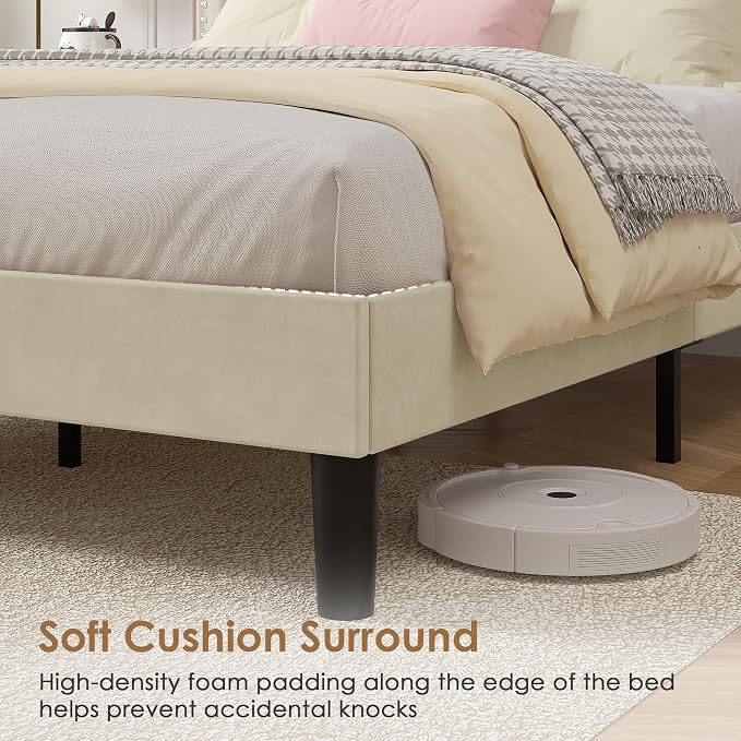 VECELO Twin Size Platform Bed Frame with Height Adjustable Upholstered Headboard, Modern Mattress Foundation,Strong Wood Slat Support, No Box Spring Needed, Easy Assembly, Beige