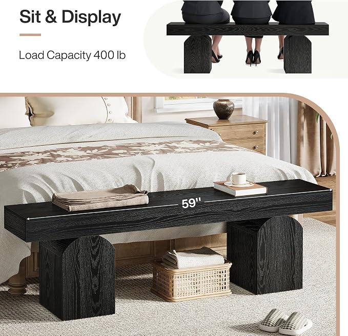 Tribesigns 59" Modern Entryway Bench, Black Wooden Shoe Bench with Arched Base, Sturdy End of Bed Bench for Entryway, Living Room & Bedroom