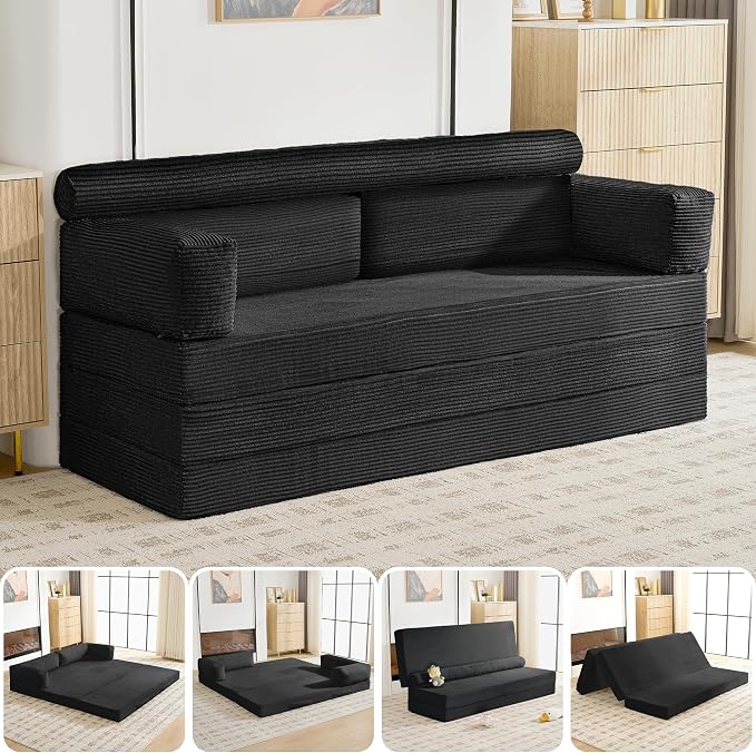 78" Boneless Couch, 5-in-1 Convertible Sofa Bed Tri Folding Mattress with Removable L-Shaped Armrests, Corduroy Futon Couch Sleeper with Pull Out Bed for Living Room Bedroom Apartment, Black