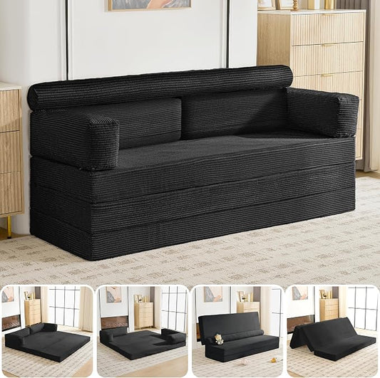 60" Boneless Couch, 5-in-1 Convertible Sofa Bed Tri Folding Mattress with Removable L-Shaped Armrests, Corduroy Futon Couch Sleeper with Pull Out Bed for Living Room Bedroom Apartment, Black