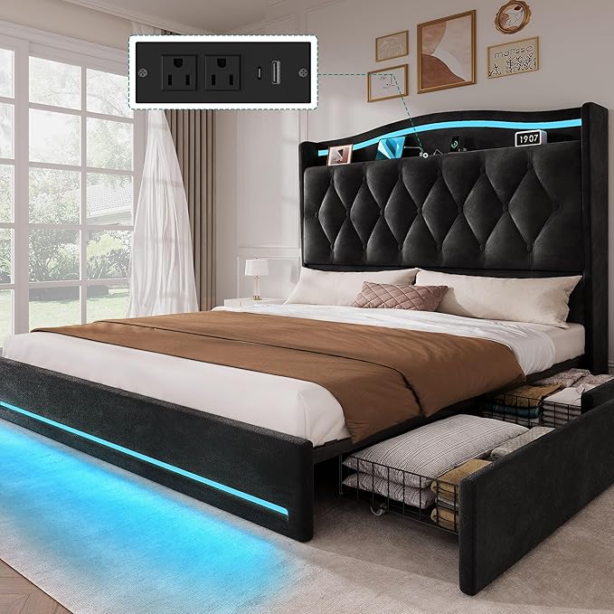 DWVO Queen Size Bed Frame with 4 Storage Drawers and RGB LED Lights, 57'' Tall Headboard Velvet Upholstered Bed with Charging Station, No Box Spring Needed, Easy Assembly, Noise-Free, Black