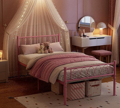 GarveeHome Twin Size Bed Frame, Metal Platform Bed Frame with Headboard and Footboard, 12.2 in Bed Frame with Strong Metal Slats Support, Under Bed Storage, No Box Spring Needed, Pink
