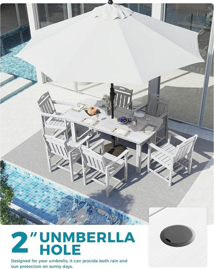 Ciokea HDPE Outdoor Dining Set, 7-Piece Patio Table and Chairs Set with Umbrella Hole, All-Weather Patio Dining Sets for 6, Durable Patio Furniture for Backyard, Garden, Lawn & Poolside, White