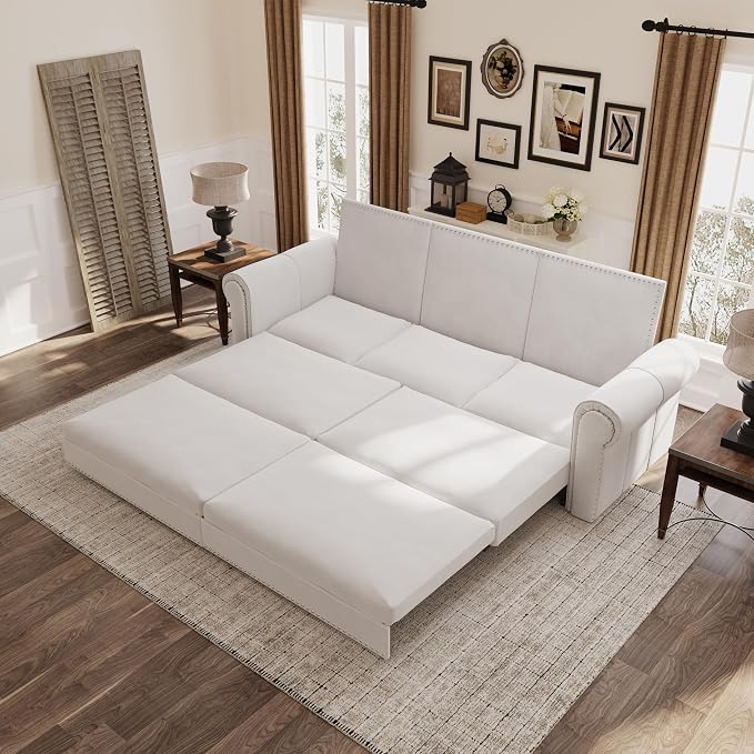 93.7" King Size Sleeper Sofa Bed, Pull Out Sofa Bed, Velvet Upholstery, 3 in 1 Convertible Sleeper Couch, Chaise Lounge, Retro Recliner for Living Room, Office, Apartment, Beige